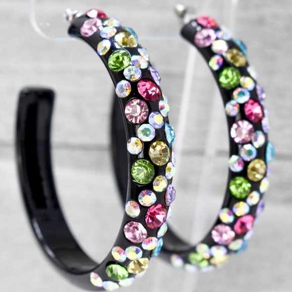 2.5" Light Multicolor Rhinestone Hoop Earrings - Picture 2 of 7